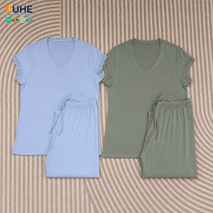 Conjunto de Pijama de Jersey para Mujer SUHE, Cuello en V, Manga Corta, Ribete de Encaje, Cierre con Cordón, Largo Completo, Color Sólido Suave, Primavera/Verano - Product Image 5