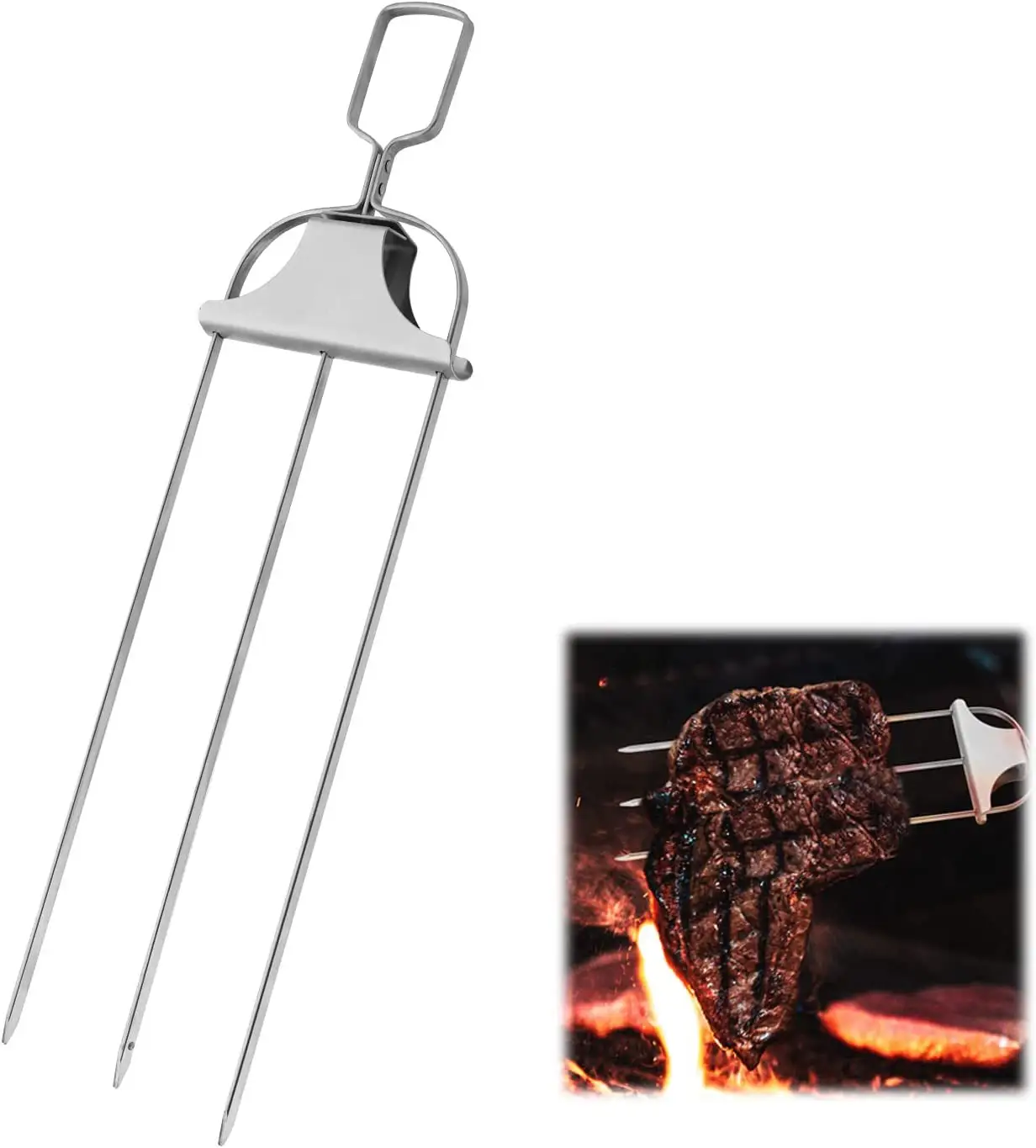 Reusable Metal Skewer For Grilling Stainless Steel 3-Prong Skewers With Push Bar Slider