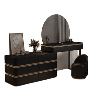 Coiffeuse moderne de luxe en bois massif avec éclairage intégré et armoire de rangement, <span class=keywords><strong>pour</strong></span> chambre à coucher, noir et blanc, <span class=keywords><strong>pour</strong></span> filles, style vintage - Product Image 5