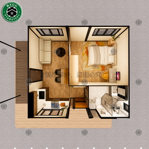 Maison préfabriquée modulaire portable en conteneur, structure en acier, panneaux en bois foncé avec terrasse, cuisine complète, aménagement salle de bain - Product Image 4