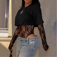 Combinaison en dentelle pour femme, effet deux pièces, manches longues, col rond, style streetwear, automne, vente en gros, personnalisation OEM