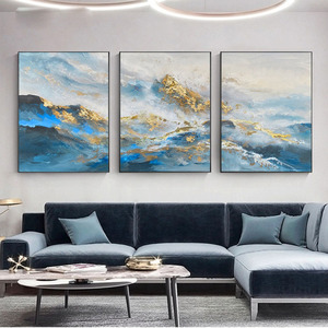 Decoración de Dormitorio, Hermosa <span class=keywords><strong>Pintura</strong></span> Acrílica Abstracta Moderna con Paisaje de Montañas Doradas Hecha a Mano - Product Image 2