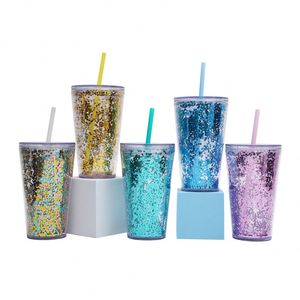STARLII önceden delinmiş 16oz plastik akrilik çift duvar kar küresi Glitter Bling Tumbler kupası ile delik