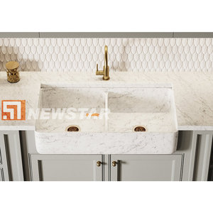 Newstar Surface solide Double évier salle de bain vanité solide marbre lavabo à <span class=keywords><strong>main</strong></span> mur suspendu pierre noir bassin - Product Image 3