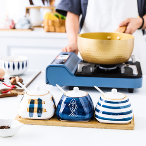 Japonais plateau en bambou céramique récipient à <span class=keywords><strong>condiments</strong></span> de cuisine ensemble de pots de sel et de sucre - Product Image 3
