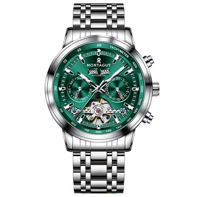 MONTAGUT Luxury Mechanical Watch Waterproof Classic Brand Stainless Steel Wrist Automatic Multifunctional Charm Moon Phase Men