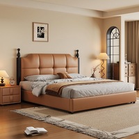 Modernes Vintage Öko-Freundliches Gepolstertes Plattformbett mit Stauraum, Hohen Pfosten, Gestepptem PU-Leder-Kopfteil, Kiefernholz, Queen-Size Softbett