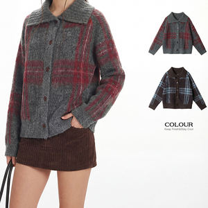 Pull cardigan à revers personnalisable pour hommes et femmes, ample, à carreaux, style rétro, vêtement d'extérieur, tricot polyvalent, pull d'hiver - Product Image 1