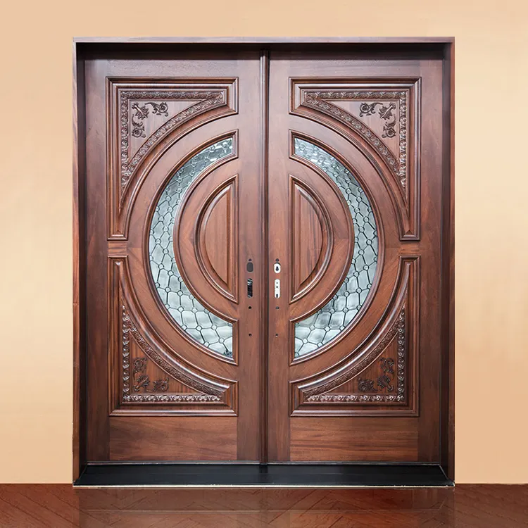 Puerta de madera maciza de teca tallada para entrada delantera, diseño de puerta de madera tallada doble, personalizada
