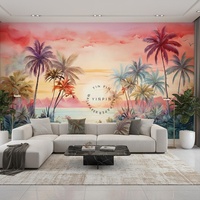 Papier peint amovible et imperméable Paysage au lever du soleil Aquarelle Soleil Plantes tropicales et grands palmiers Papier peint
