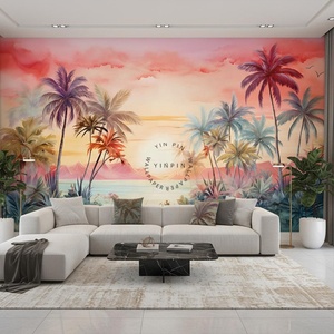 Papel Tapiz Removible e Impermeable con <span class=keywords><strong>Paisaje</strong></span> de Amanecer, Acuarela, Plantas Tropicales y Palmeras Altas - Product Image 2