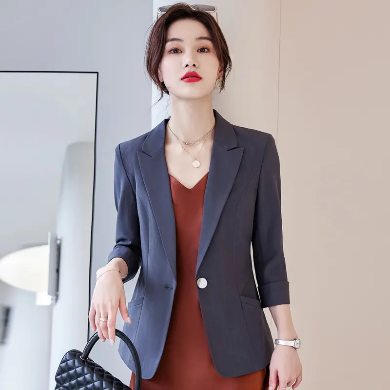 OEM Autumn Solid Color Elegant Blue Blazer Women Jacket Women's Korean Style Loose V-neck Long Sleeve Cardigan