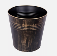 Pot de fleurs cylindrique en métal galvanisé noir vieilli et blanchi, avec doubles bandes côtelées, style rustique vintage
