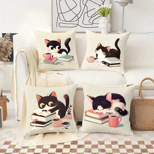 Cute black and white cats reading books with coffee cozy throw pillows festive holiday decor - Product Image 2