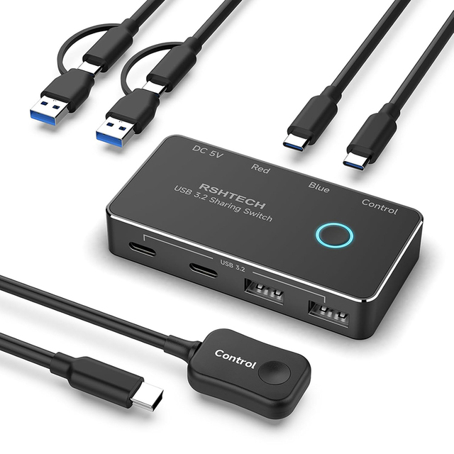RSHTECH 4-Port 10Gbps USB 3.2 Gen 2 2 Computers Share Controller KVM USB C Switch for PC Laptop Keyboard