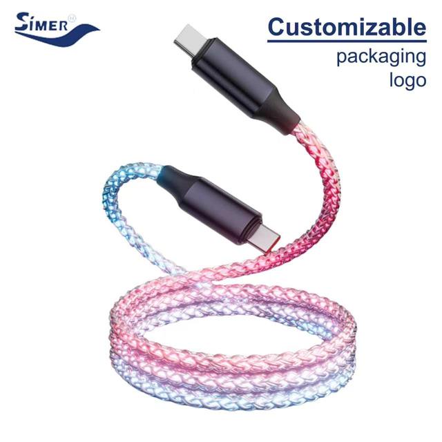 Fast Charging 6A 60W/100W Gradient LED RGB Luminescence Type-C 1m USB Cable for Mobile Phones & IOS Devices