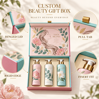 Coffret Cadeau Rigide en Carton à Charnière Personnalisé pour Trois Bouteilles de Produits de Beauté, Motif Botanique, Marque Privée