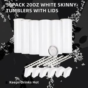 Lot de 50 gobelets en plastique pour sublimation sous vide, 20 oz, vierges, fins, à fond plat, blancs, avec couvercle et paille - Product Image 2
