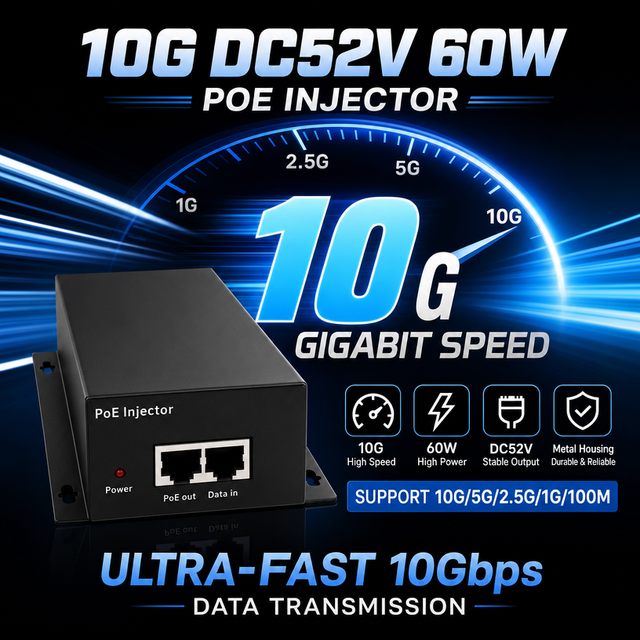 OEM Price 10G Multi-Gigabit 60W 4PPoE Injector DC48V IEEE802.3bt Power Supply Unit Metal Case with Rack Mount Ears