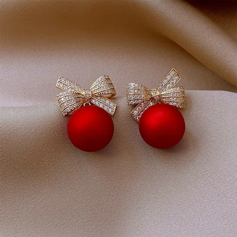 Vendita calda moda placcato oro cristallo bianco nero rosso fiocco orecchini pendenti con perle geometriche per le donne all'ingrosso