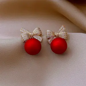 Hot Sale Fashion Gold Plated Crystal White Black Red Bow Geometric Pearl Drop Earrings For Women Wholesale