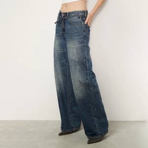 时尚渐变色水洗牛仔裤女式低腰抽绳腰部宽松阔腿牛仔裤 Y2K 街头服饰 - Product Image 2