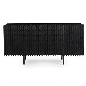 Modern Hand Carved Black Solid Wood Sideboard-Luxury Farmhouse Dining Storage <b>Buffet</b> Cabinet Geometric Diamond Pattern Gold Legs - Product Image 1