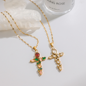 J&D 스테인리스 스틸 18K PVD 골드 도금 신상 크리스탈 레드 그린 컬러풀 예수 십자가 목걸이 - Product Image 3