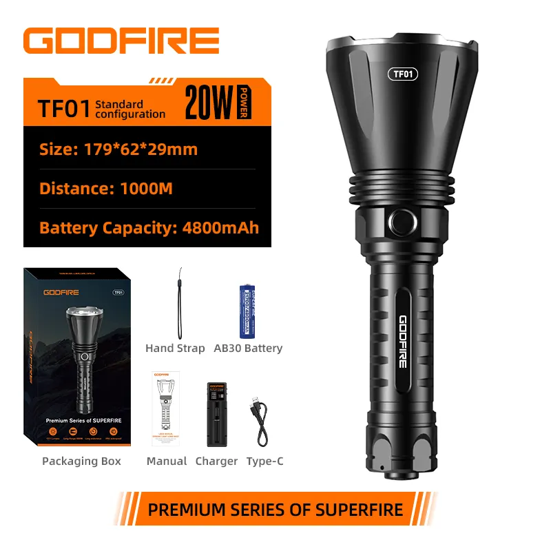 GODFIRE wiederaufladbare LED-Taschenlampe 1 km IP55 wasserdichte Taschenlampe TF01 Langstrahler Fernlicht-Spiegellicht für Wandern und Jagen