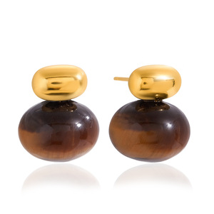 <b>Stud</b> <b>Earrings</b> Tiger Eye Ball Shape 18K Gold Plated Stainless Steel Geometric Design Fashion Jewelry - Product Image 5