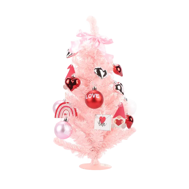 San valentino natale rosa PVC decorato albero di natale palla di plastica ornamenti in legno con fondo in metallo mini decorazione da tavolo