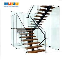 Escalier flottant en marbre noir HJ avec garde-corps en verre, éclairage LED pour marches, main courante en métal et poutre latérale