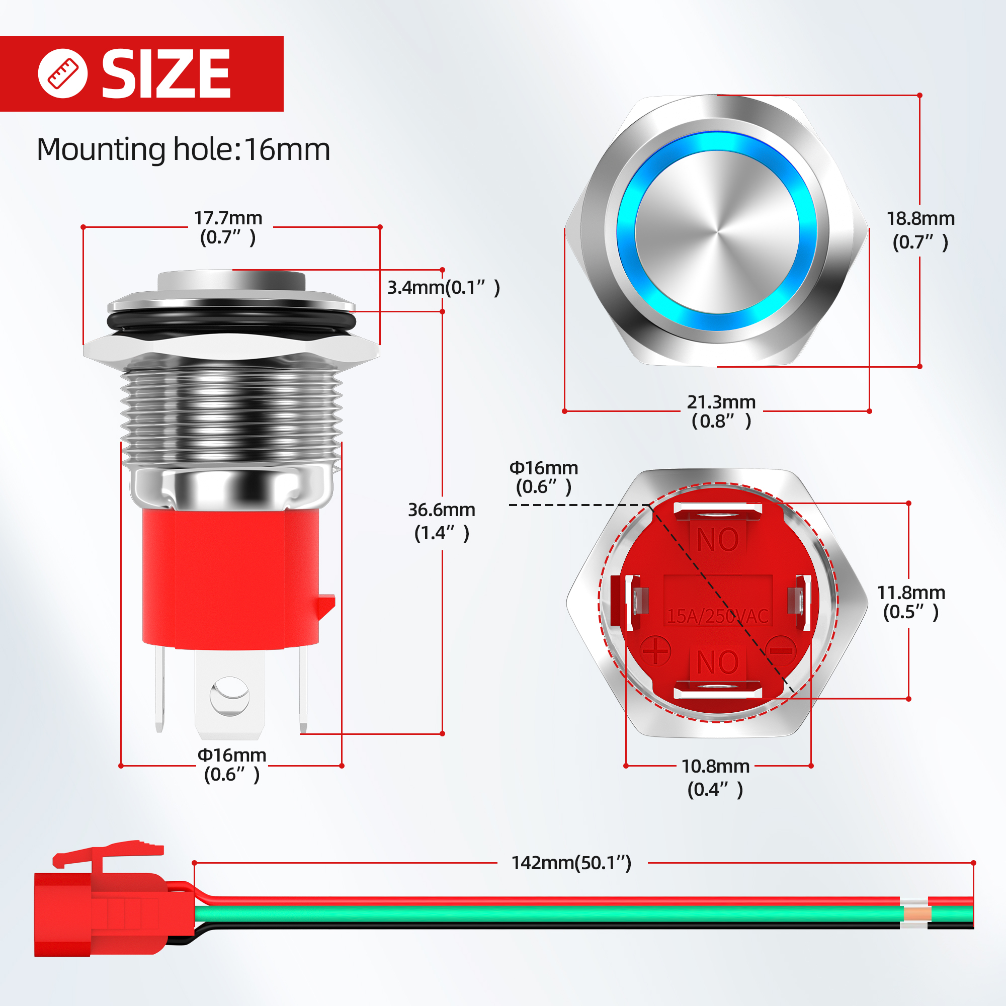 2pcs 16mm Momentary Push Button Switch | Waterproof Anti-Vandal Silver Metal, Pre-Soldered Wires, 12V-110V