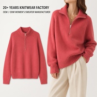 Pull Basique en Maille Décontracté pour Femme, à Fermeture Éclair, Col Rabattu, Manches Longues, Couleur Unie, Tendance Hiver