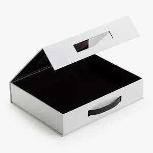 Luxus-Geschenk verpackungs boxen mit klarem Schaufenster Kunststoff griff Benutzer definierter LOGO-bedruckter magnetischer, aufklappbarer, starrer Karton