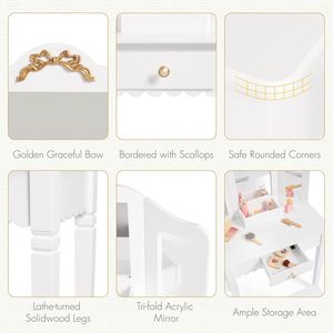 Juego <span class=keywords><strong>de</strong></span> tocador infantil <span class=keywords><strong>de</strong></span> madera blanca con espejo y taburete para dormitorio, tocador <span class=keywords><strong>de</strong></span> maquillaje infantil con diseño festoneado para niñas pequeñas - Product Image 6