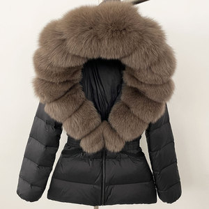 Áo khoác ngắn màu kaki dành cho nữ cỡ lớn lông tơ thật Fox <span class=keywords><strong>Fur</strong></span> Hood Trim mùa đông ấm áp Áo khoác phao có dây rút eo - Product Image 4