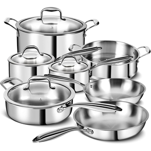 Ensemble de casseroles en acier inoxydable de haute qualité à 3 couches avec couvercles en verre, adaptées aux cuisinières à gaz et à induction, en acier inoxydable triple couche - Product Image 1