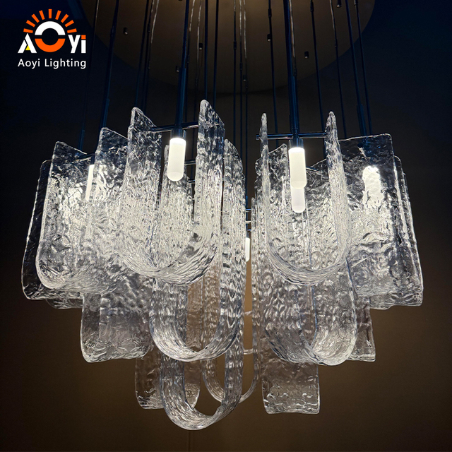 U Shaped Water Texture Glass Cluster Chandelier with Dark Metal Suspension Rods for Hotel Lobby and Duplex Villa Modern Stacked