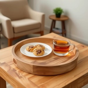 Round Wooden <b>Tea</b> <b>Tray</b> With Handle Coffee Brown Solid Color Hotel Serving <b>Tray</b> For <b>Tea</b> Coffee And Snacks - Product Image 1