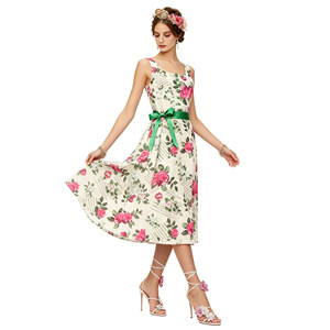 Vestido estilo Hepburn de los años 50 con estampado floral, sin mangas, corte en A, largo medio, de gasa, con cuello cuadrado, para vacaciones. - Product Image 3
