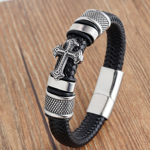 Handmade Black Braided <b>Leather</b> <b>Bracelet</b> for Men | Stainless Steel Antique Cross Charm & Magnetic Clasp | Gothic Style Wristband - Product Image 3