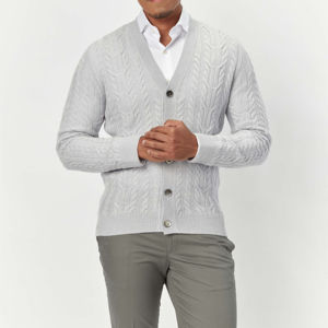 Atacado OEM Personalizado Casual Cashmere Cable Knitting V Neck <span class=keywords><strong>Chunky</strong></span> Cardigan <span class=keywords><strong>Sweater</strong></span> para Homens. - Product Image 4