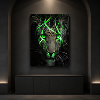 Impression murale en aluminium Portrait de Lion Noir, Image d'animal avec éclairs dorés pour bureau de direction, hôtel, salon, Décoration spectaculaire