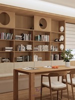 Étagère ouverte multifonctionnelle minimaliste en chêne avec rangement, sièges rembourrés sur mesure et niche pour animaux – Idéale pour le bureau à domicile
