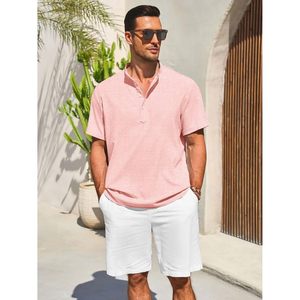 2025 <b>Men's</b> Linen Band Collar T-<b>Shirt</b> <b>Short</b> <b>Sleeve</b> Casual Henley <b>Shirts</b> for Summer Beach Vacation Tops - Product Image 3