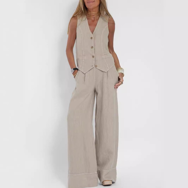 Women 2 Piece Set V Neck Sleeveless Button Vest High Waist Wide Leg Pants Set Old Money Style Casual Suit for Office Daily Wear