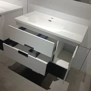 Muebles blancos de madera de lujo, gabinetes de tocador de baño con espejo flotante montados en la pared con un solo fregadero