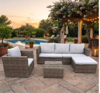 Ensemble de canapés modulaires contemporains en rotin PE pour patio, résistant à l'eau, mobilier de jardin d'extérieur, table en verre confortable