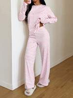 Pyjama en coton rayé doux à manches longues en modal personnalisé, vêtements de détente, col rond, pyjama en bambou pour femmes, ensemble